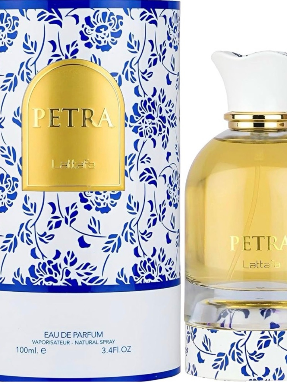 Petra Eau de Parfum by Lattafa — Blue & White Floral Bottle 3.4 oz